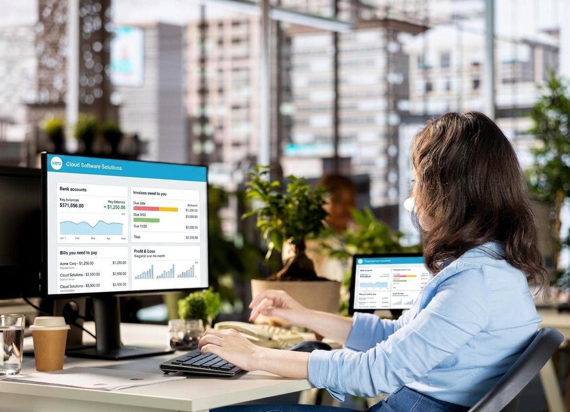 female reviewing company data