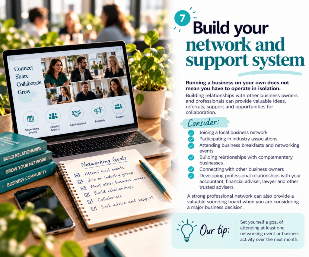 7. Build your network and support system Running a business on your own does not mean you have to operate in isolation. Building relationships with other business owners and professionals can provide valuable ideas, referrals, support and opportunities for collaboration. Consider: Joining a local business network Participating in industry associations Attending business breakfasts and networking events Building relationships with complementary businesses Connecting with other business owners Developing professional relationships with your accountant, financial adviser, lawyer and other trusted advisers. A strong professional network can also provide a valuable sounding board when you are considering a major business decision. Our tip: Set yourself a goal of attending at least one networking event or business activity over the next month.