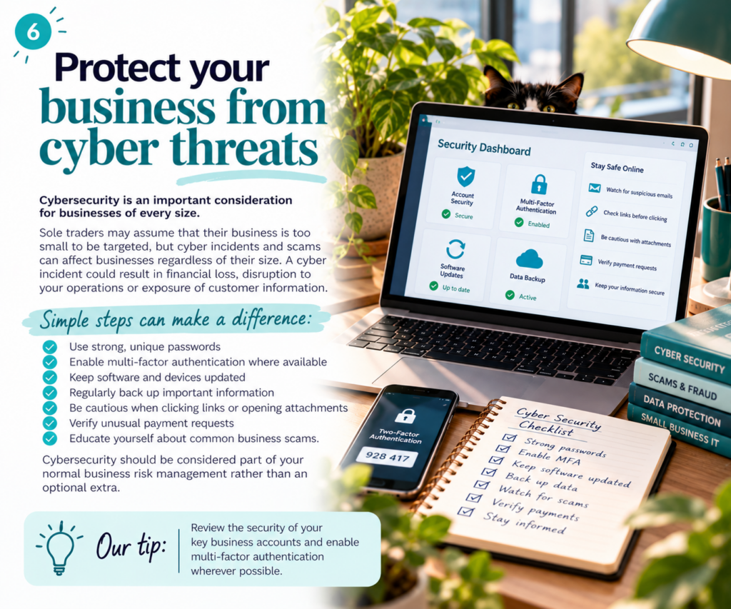 6. Protect your business from cyber threats Cybersecurity is an important consideration for businesses of every size. Sole traders may assume that their business is too small to be targeted, but cyber incidents and scams can affect businesses regardless of their size. A cyber incident could result in financial loss, disruption to your operations or exposure of customer information. Simple steps can make a difference: Use strong, unique passwords Enable multi-factor authentication where available Keep software and devices updated Regularly back up important information Be cautious when clicking links or opening attachments Verify unusual payment requests Educate yourself about common business scams. Cybersecurity should be considered part of your normal business risk management rather than an optional extra. Our tip: Review the security of your key business accounts and enable multi-factor authentication wherever possible.