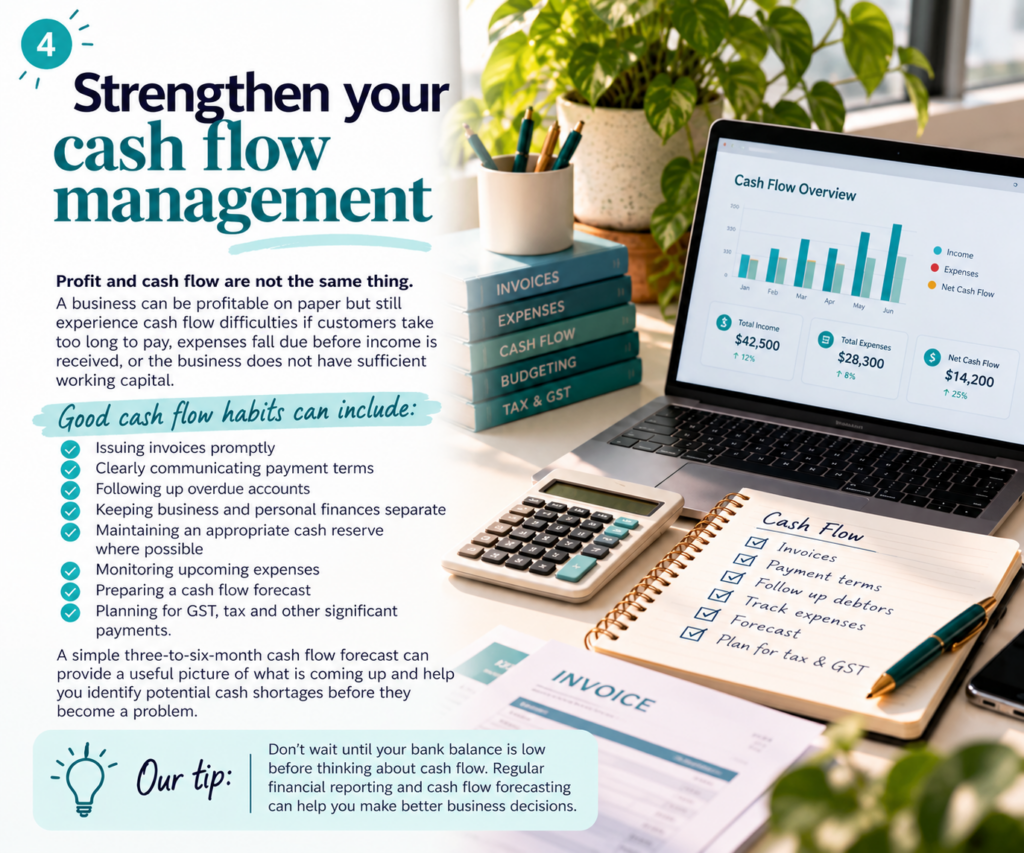 4. Strengthen your cash flow management Profit and cash flow are not the same thing. A business can be profitable on paper but still experience cash flow difficulties if customers take too long to pay, expenses fall due before income is received, or the business does not have sufficient working capital. Good cash flow habits can include: Issuing invoices promptly Clearly communicating payment terms Following up overdue accounts Keeping business and personal finances separate Maintaining an appropriate cash reserve where possible Monitoring upcoming expenses Preparing a cash flow forecast Planning for GST, tax and other significant payments. A simple three-to-six-month cash flow forecast can provide a useful picture of what is coming up and help you identify potential cash shortages before they become a problem. Our tip: Don't wait until your bank balance is low before thinking about cash flow. Regular financial reporting and cash flow forecasting can help you make better business decisions.